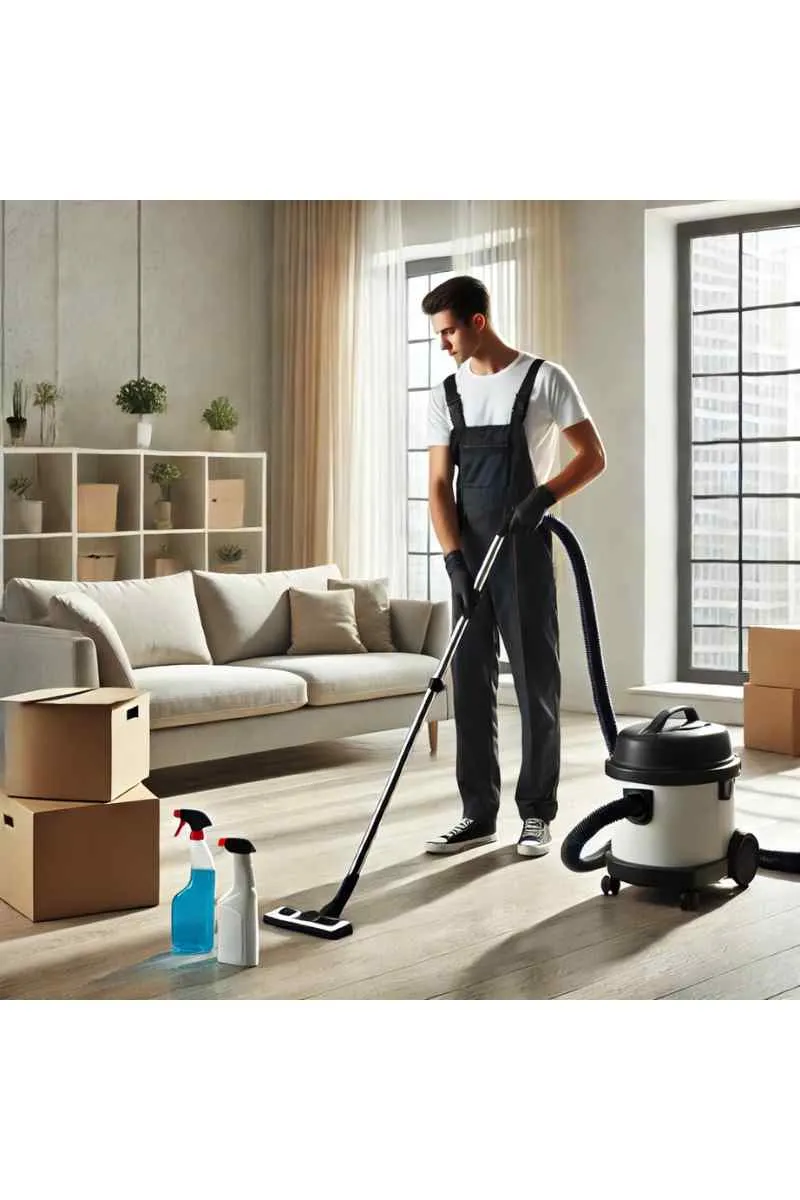 A professional cleaner in uniform vacuuming an empty living room with moving boxes and cleaning supplies nearby, highlighting professional move-out cleaning services