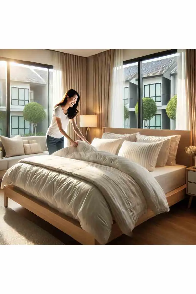 A cheerful homeowner tidying up a neatly made bed with soft white bedding in a cozy, well-lit bedroom, symbolizing the benefits of making your bed every morning.