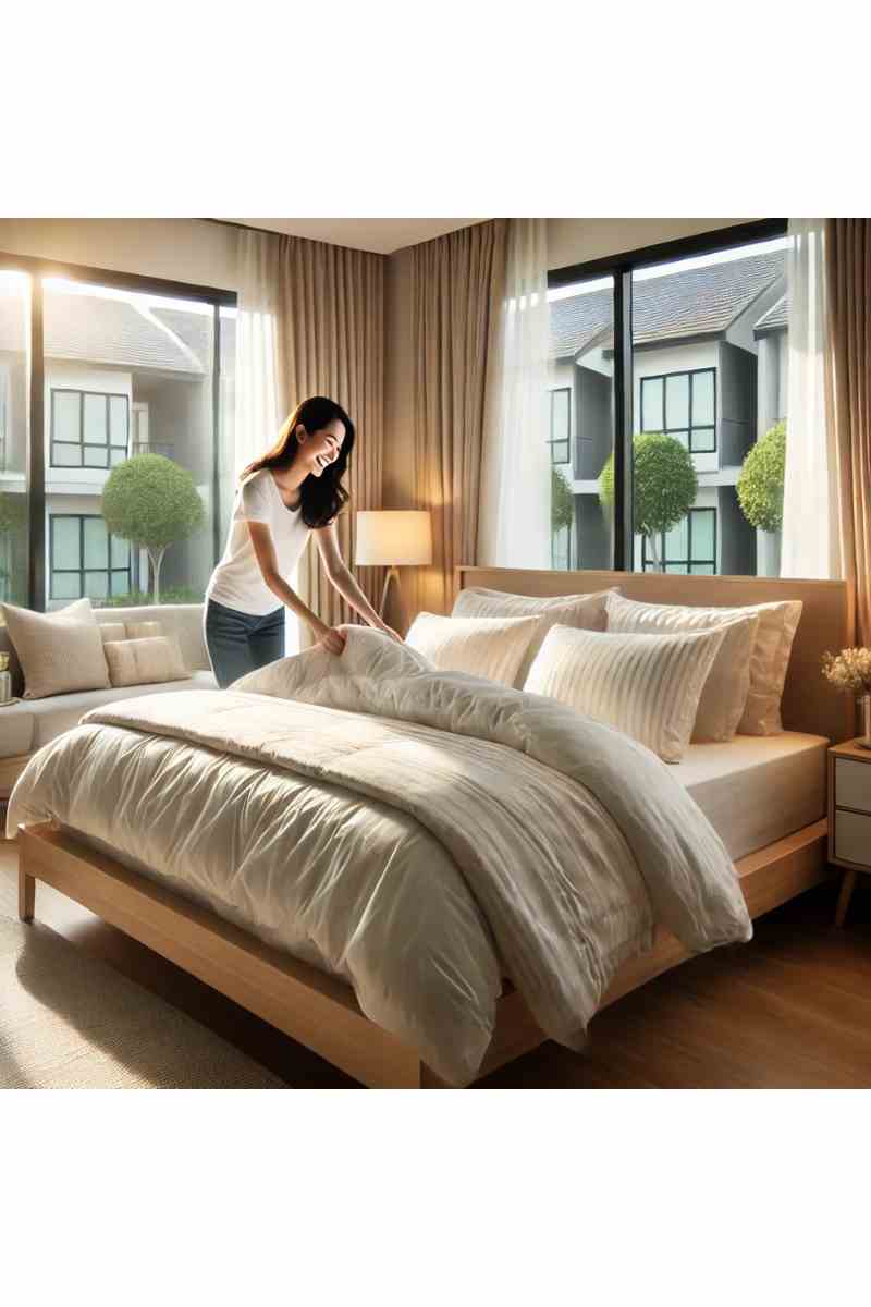 A cheerful homeowner tidying up a neatly made bed with soft white bedding in a cozy, well-lit bedroom, symbolizing the benefits of making your bed every morning.