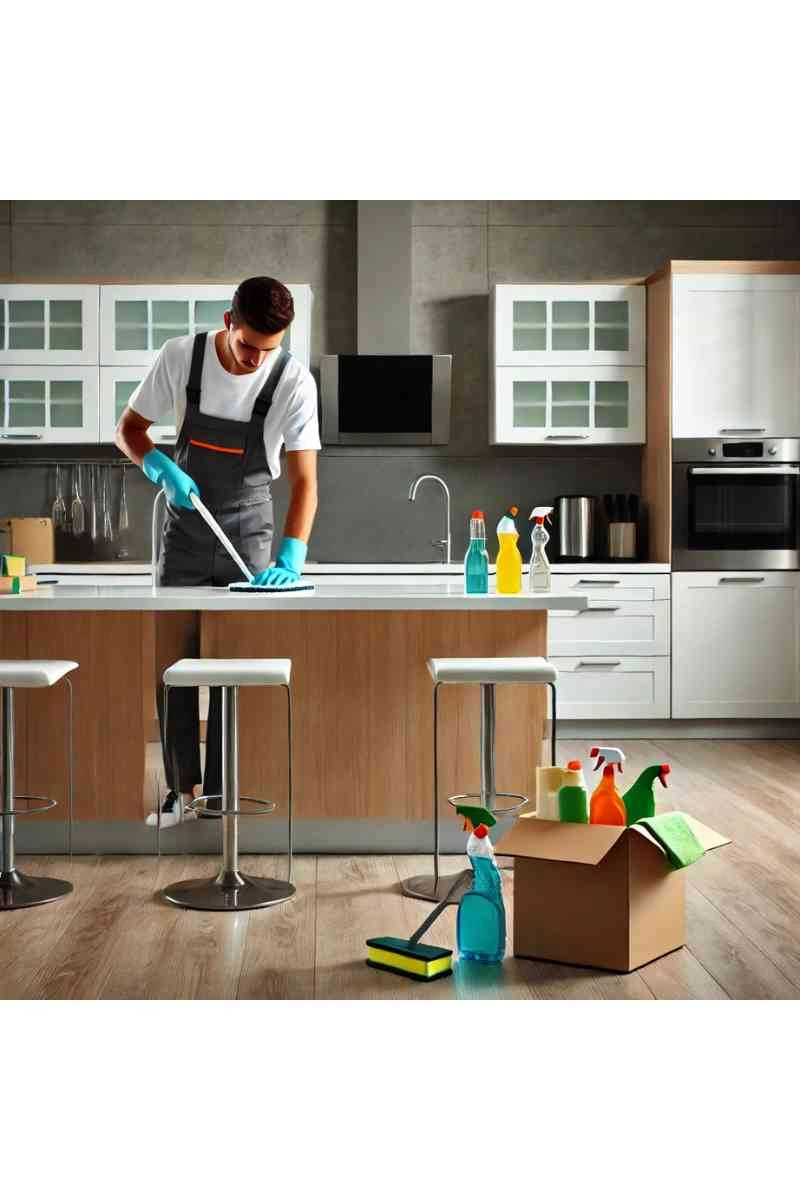 A professional cleaner in uniform cleaning a modern, empty kitchen with spotless countertops, stainless steel appliances, and moving boxes nearby, showcasing house cleaning services for moving out