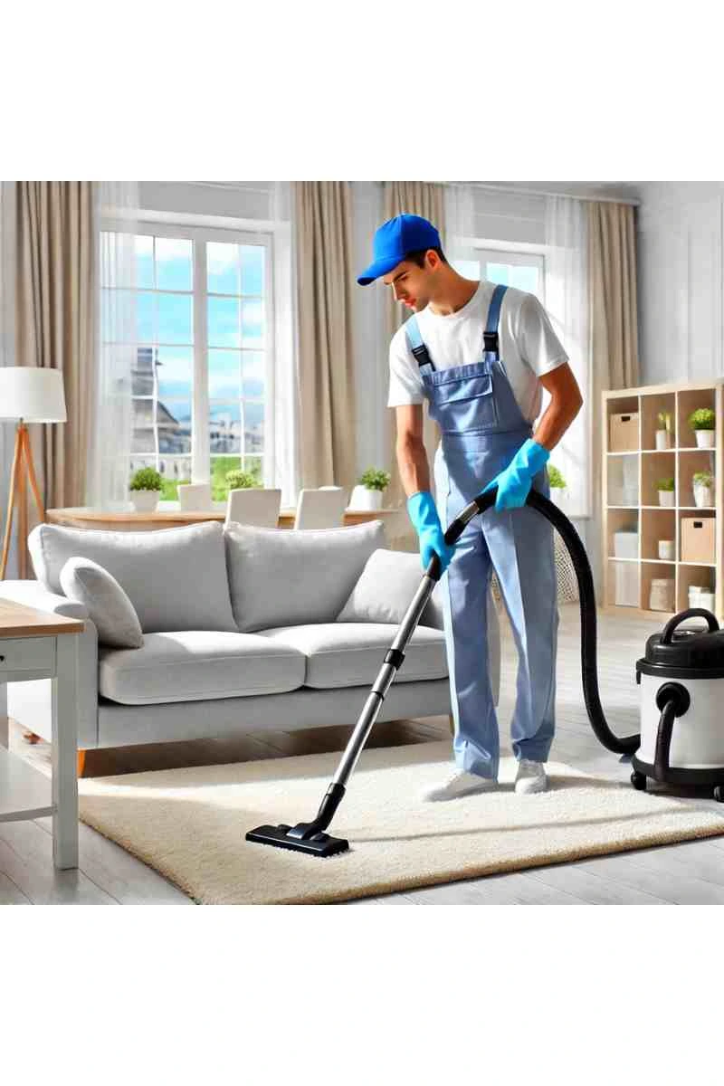 A professional cleaner in uniform vacuuming a bright, modern living room with a neatly arranged sofa, clean coffee table, and natural light, emphasizing professional clean services for homes.