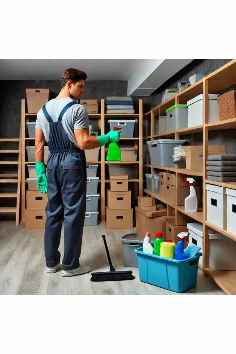 A professional cleaner in uniform organizing and cleaning a well-lit, clutter-free basement with shelves and storage bins, showcasing a professional basement clean-out service.
