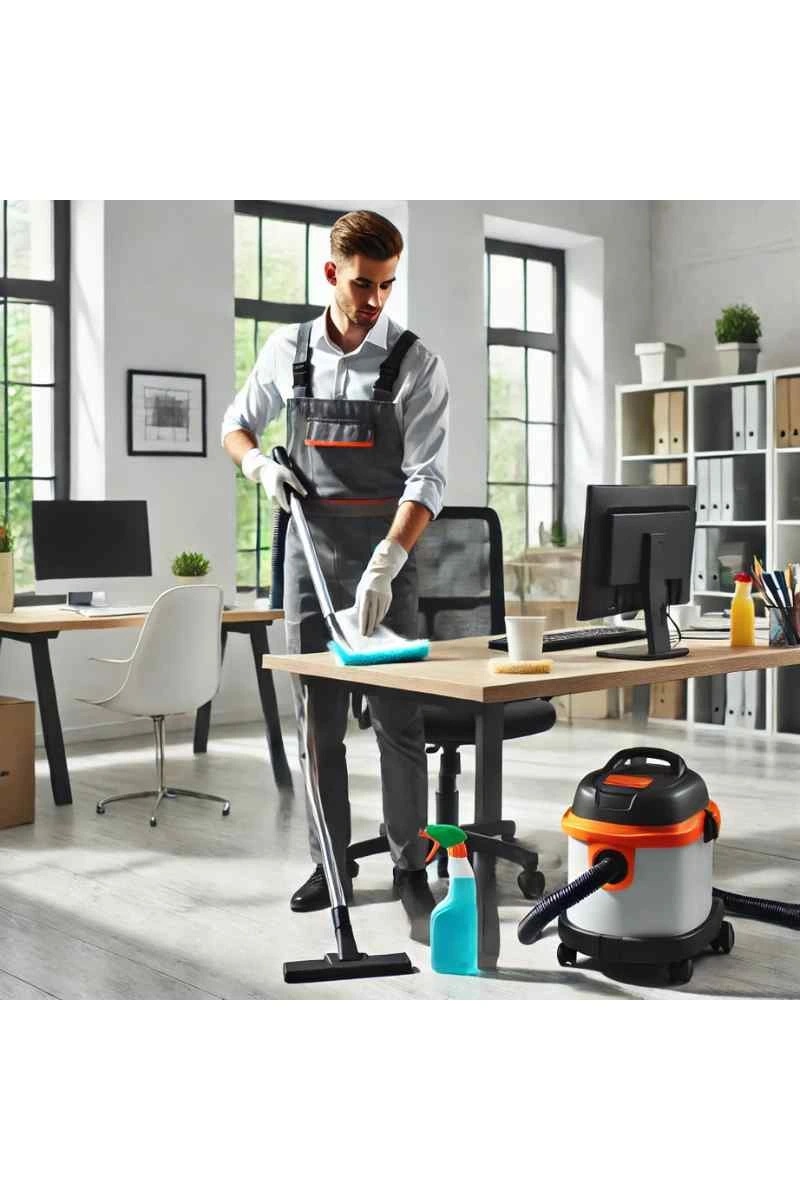 A professional janitor in uniform dusting a desk in a modern, organized office space with cleaning supplies and a vacuum cleaner nearby, emphasizing efficient janitorial services