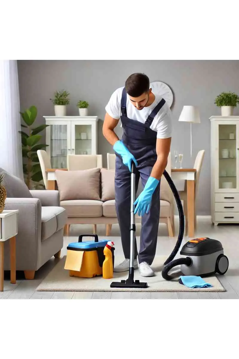 A professional cleaner in uniform cleaning a modern, well-lit living room with a vacuum cleaner and cleaning supplies, showcasing professional clean cleaning services.