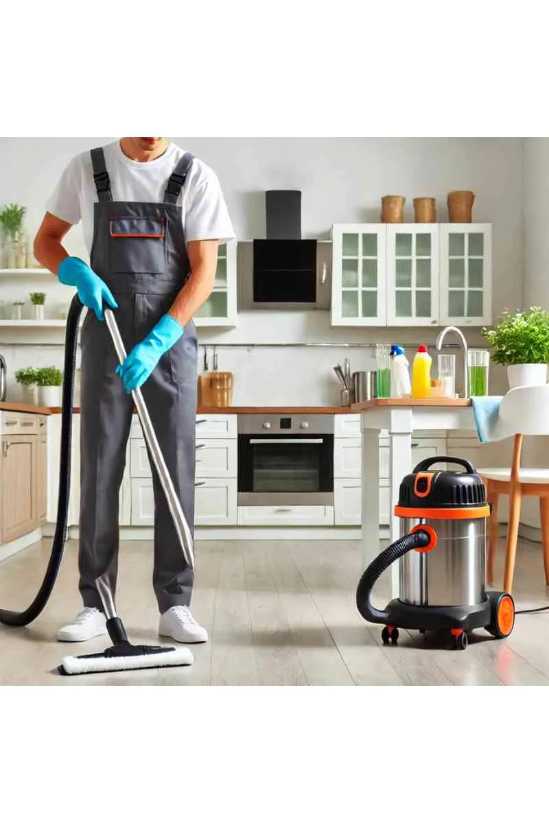 A professional cleaner in uniform cleaning a modern, well-lit apartment kitchen with spotless countertops, a vacuum cleaner, and cleaning supplies, emphasizing apartment move-out cleaning services.