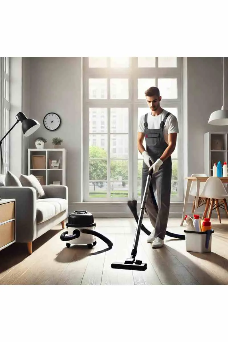 A professional cleaner in uniform vacuuming a bright, modern living room with cleaning supplies nearby, showcasing same-day house cleaning services.