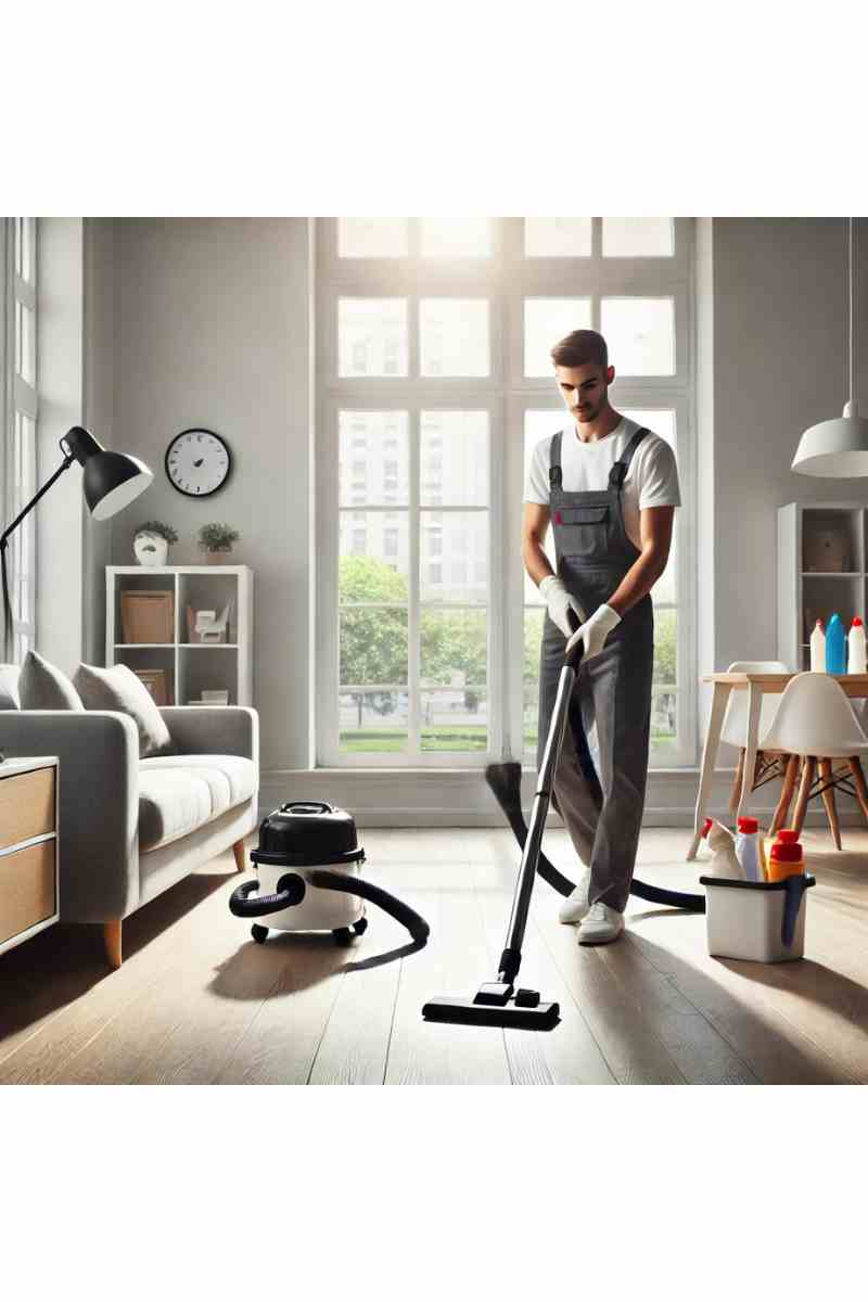 A professional cleaner in uniform vacuuming a bright, modern living room with cleaning supplies nearby, showcasing same-day house cleaning services.