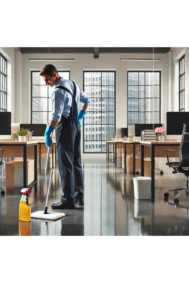 A professional janitor in uniform wiping down a desk in a modern office space with polished floors, organized desks, and cleaning supplies nearby, highlighting professional janitorial services