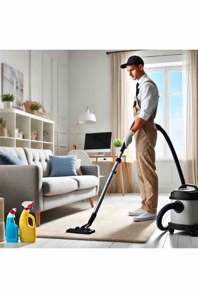 A professional cleaner in uniform vacuuming a bright, modern living room with cleaning supplies nearby, emphasizing local cleaner services for homes