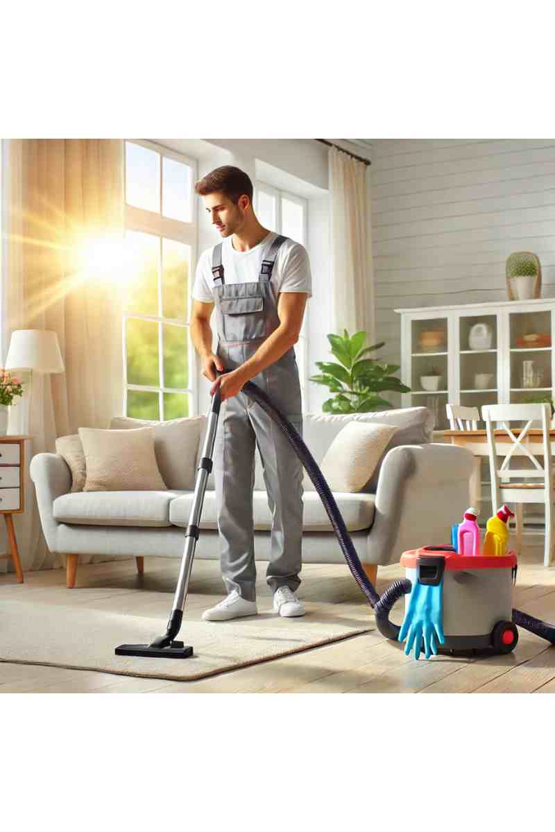 A professional cleaner in uniform vacuuming a bright and tidy living room with cleaning supplies nearby, showcasing same-day house cleaning services