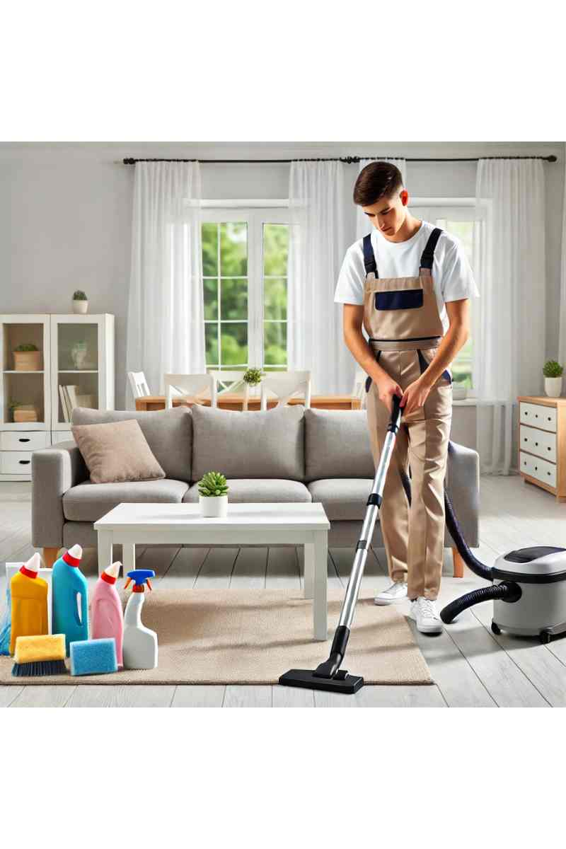 A professional cleaner in uniform vacuuming a bright and tidy living room with cleaning supplies nearby, showcasing professional clean house services