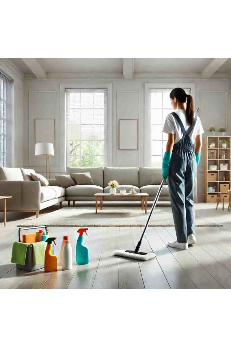 A professional cleaner in uniform cleaning a bright, empty living room with cleaning supplies nearby, showcasing moving out cleaning services