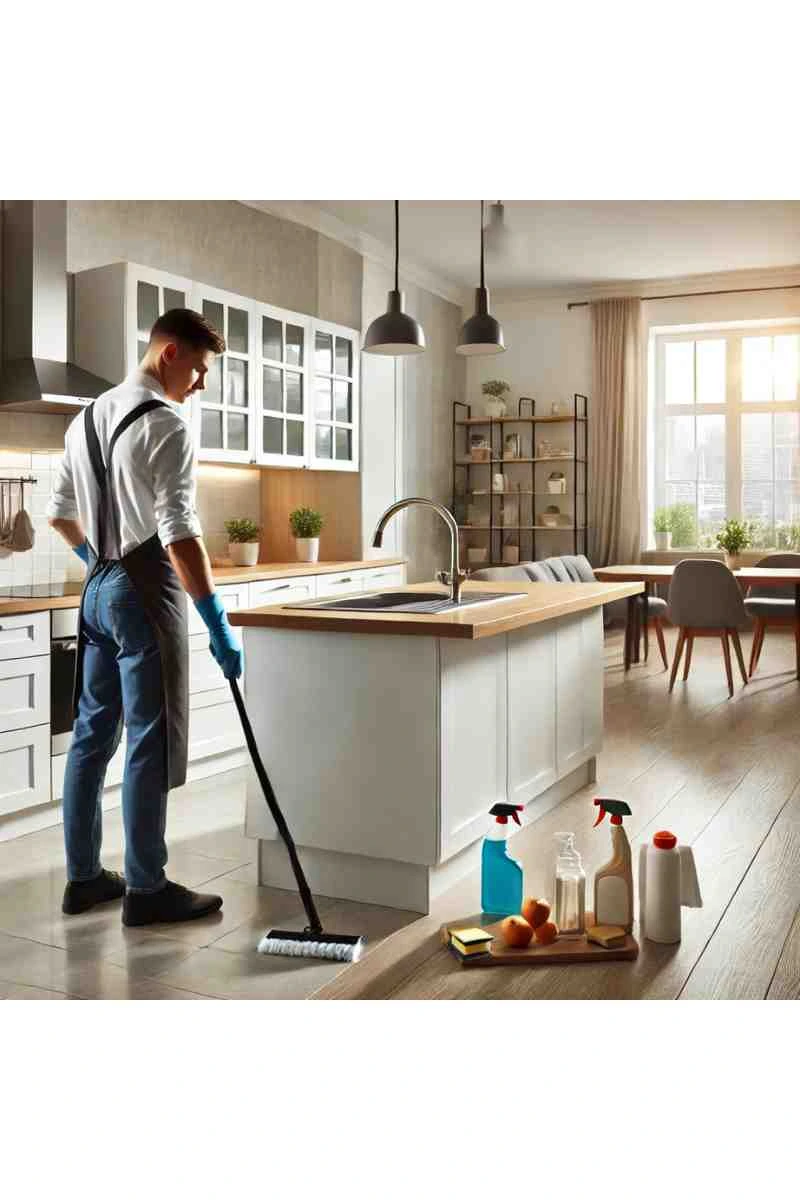 A professional cleaner in uniform cleaning an empty apartment kitchen with spotless countertops and cleaning supplies nearby, highlighting apartment move-out cleaning services.