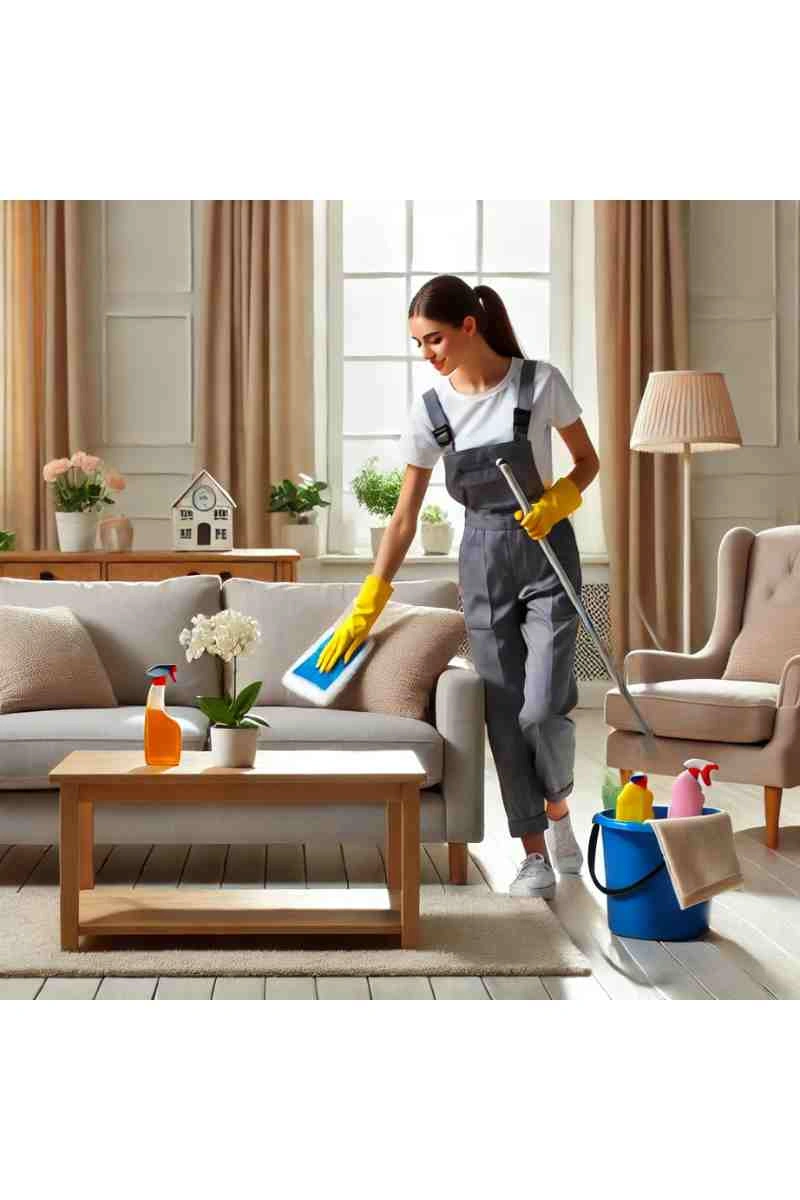 A professional cleaner in uniform dusting a cozy, bright living room with a neatly arranged sofa, coffee table, and cleaning supplies, emphasizing professional house cleaning services