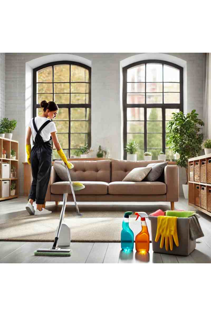 A professional cleaner in uniform cleaning a cozy living room with cleaning supplies nearby, showcasing one-time cleaning services