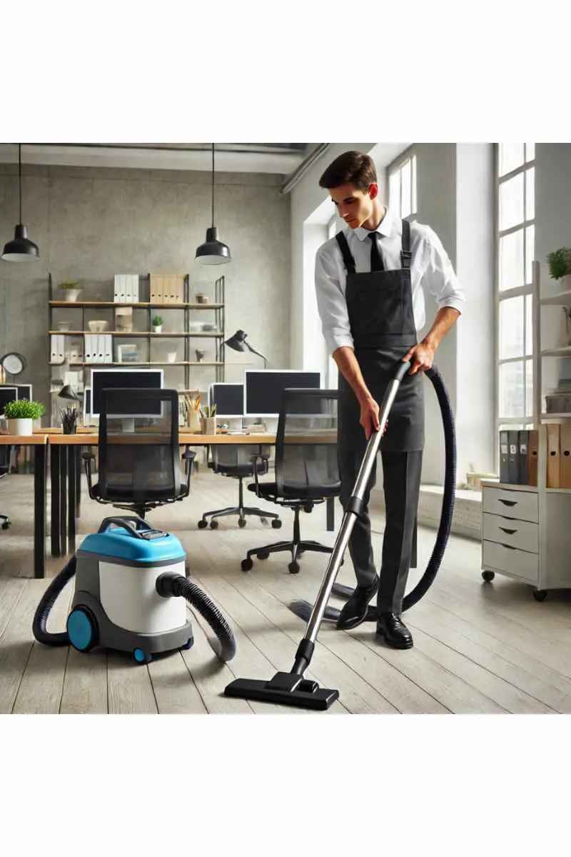 A professional cleaner in uniform vacuuming an organized, well-lit office space with cleaning supplies nearby, showcasing professional cleaning services