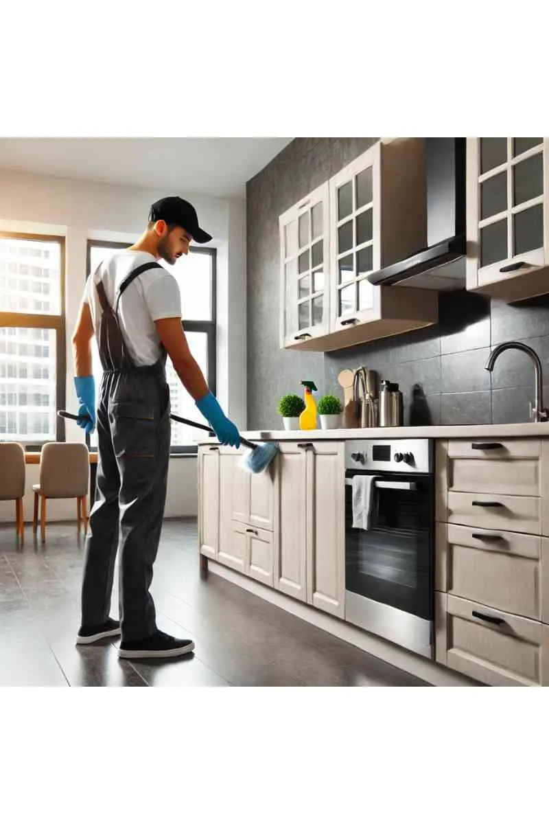 A professional cleaner in uniform cleaning an empty apartment kitchen with spotless countertops and gleaming appliances, showcasing professional move-out cleaning services