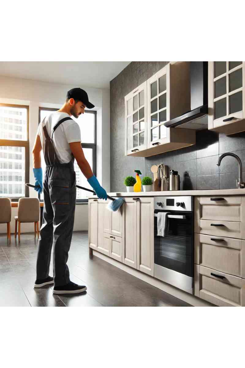 A professional cleaner in uniform cleaning an empty apartment kitchen with spotless countertops and gleaming appliances, showcasing professional move-out cleaning services