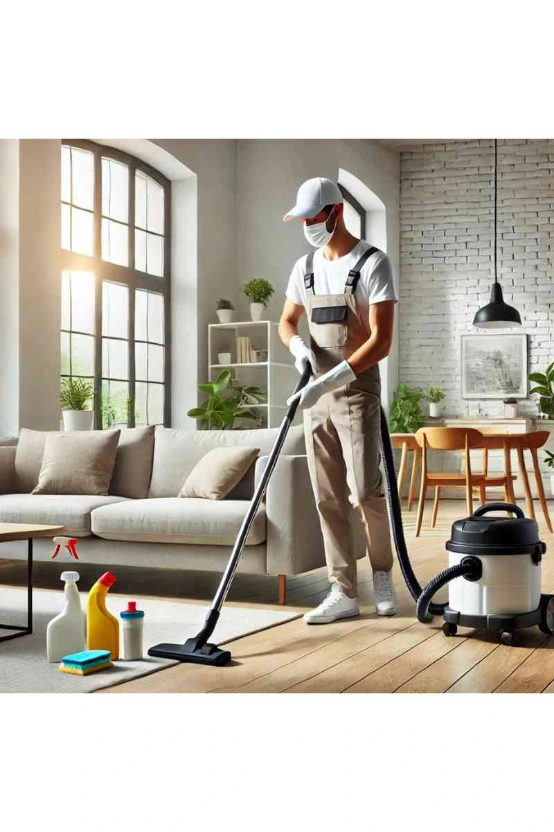 A professional cleaner in uniform vacuuming a bright living room with a comfortable sofa, coffee table, and natural light, showcasing professional house cleaning services