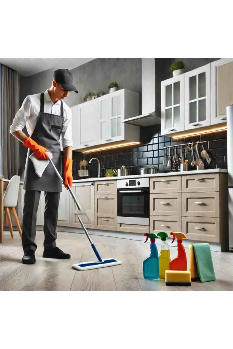 A professional cleaner in uniform thoroughly cleaning a modern apartment kitchen with spotless countertops, cabinets, and stainless-steel appliances, highlighting apartment deep cleaning services