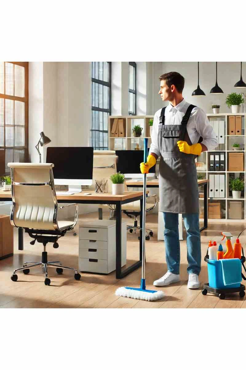 A professional cleaner in uniform cleaning a modern office space with neatly arranged desks, chairs, and cleaning supplies, highlighting professional business cleaning services