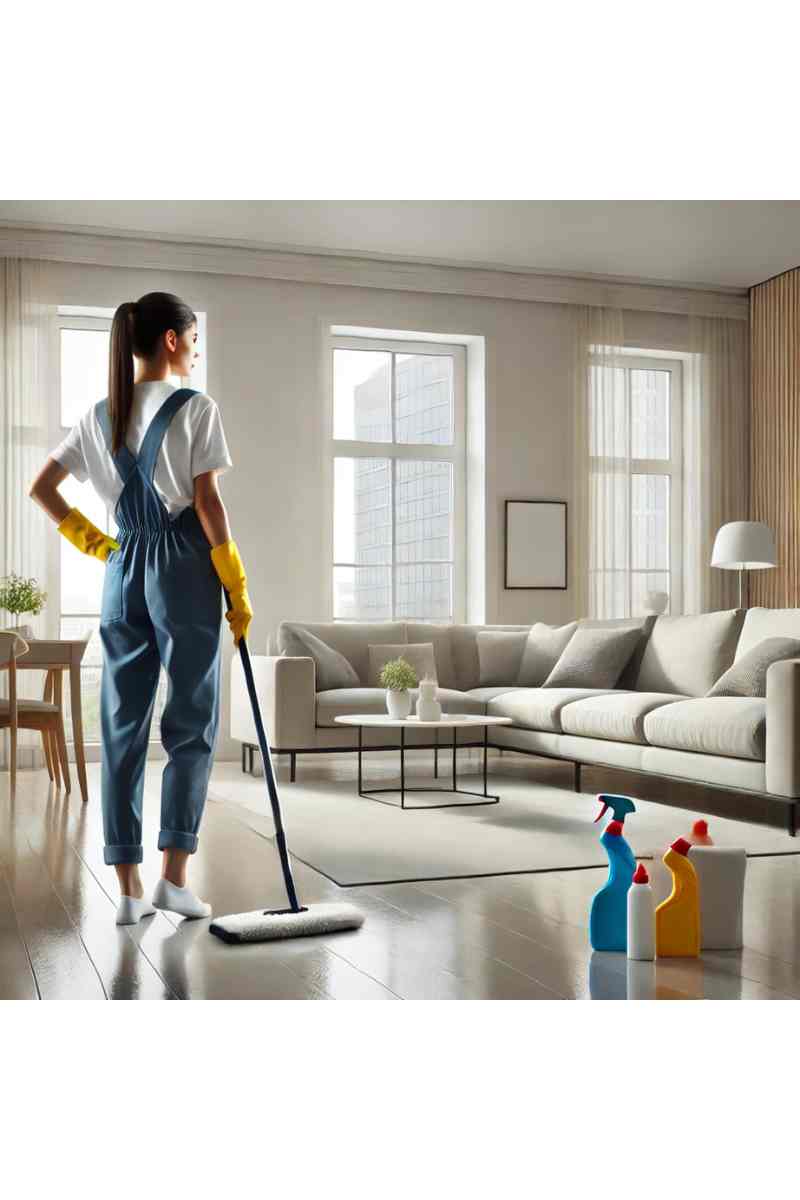 A professional cleaner in uniform cleaning an empty apartment living room with spotless floors and large windows, showcasing move-out apartment cleaning services