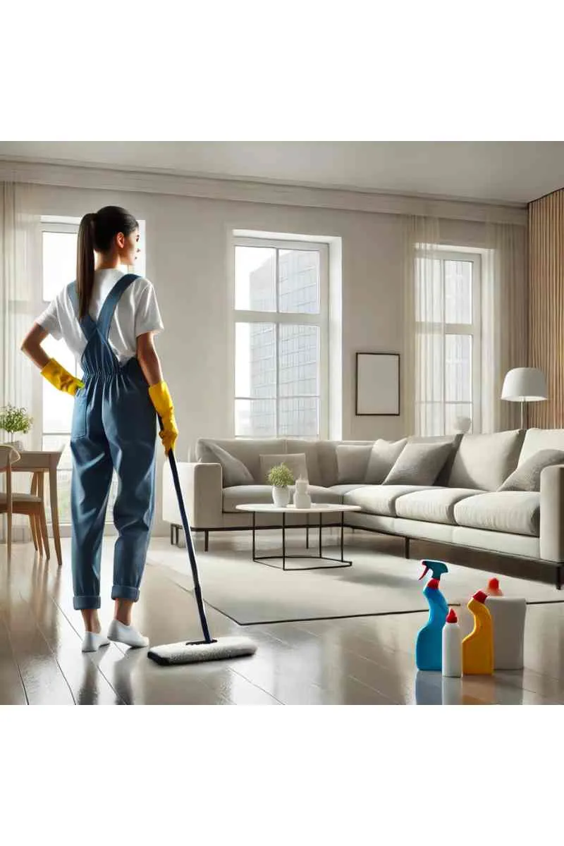 A professional cleaner in uniform cleaning an empty apartment living room with spotless floors and large windows, showcasing move-out apartment cleaning services