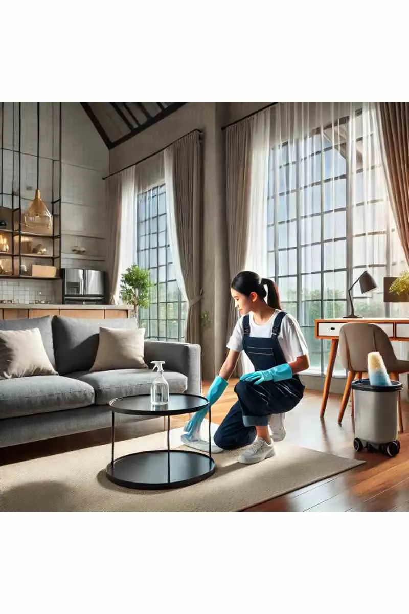 A professional cleaner in uniform tidying up a modern living room with a clean sofa, polished coffee table, and natural light, showcasing professional clean house services
