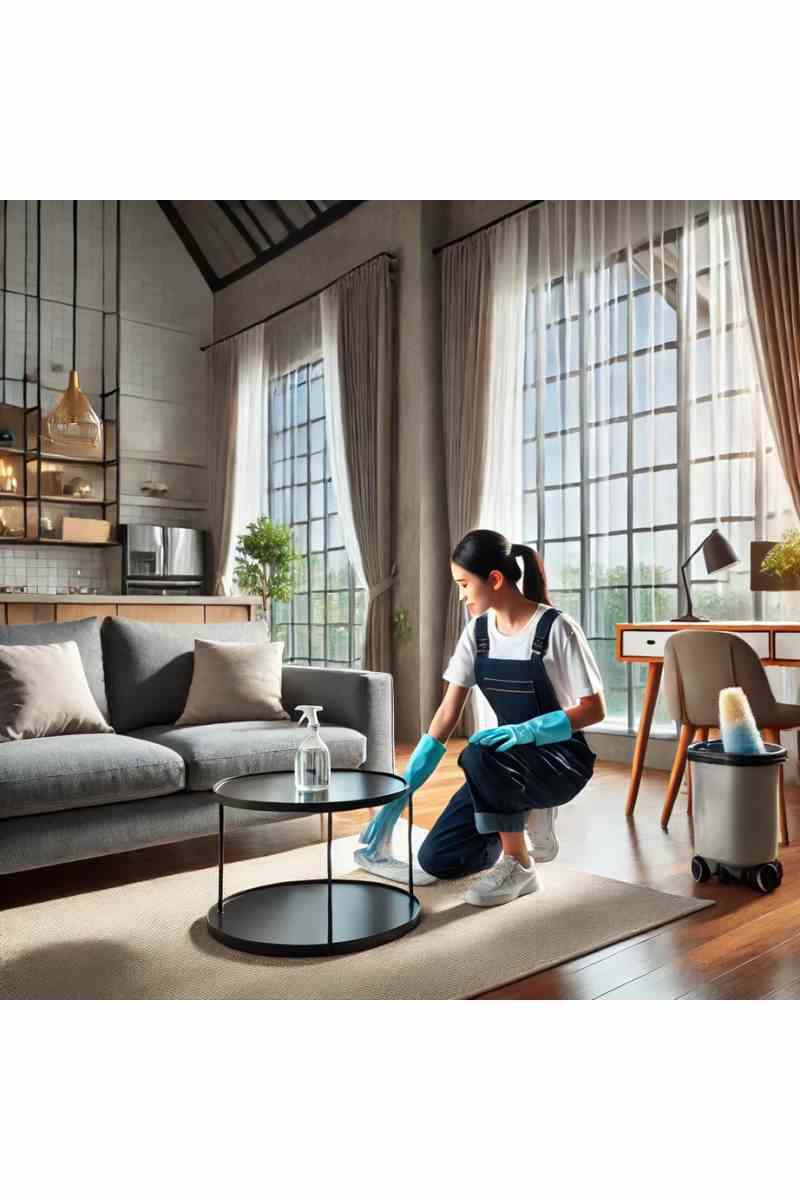 A professional cleaner in uniform tidying up a modern living room with a clean sofa, polished coffee table, and natural light, showcasing professional clean house services