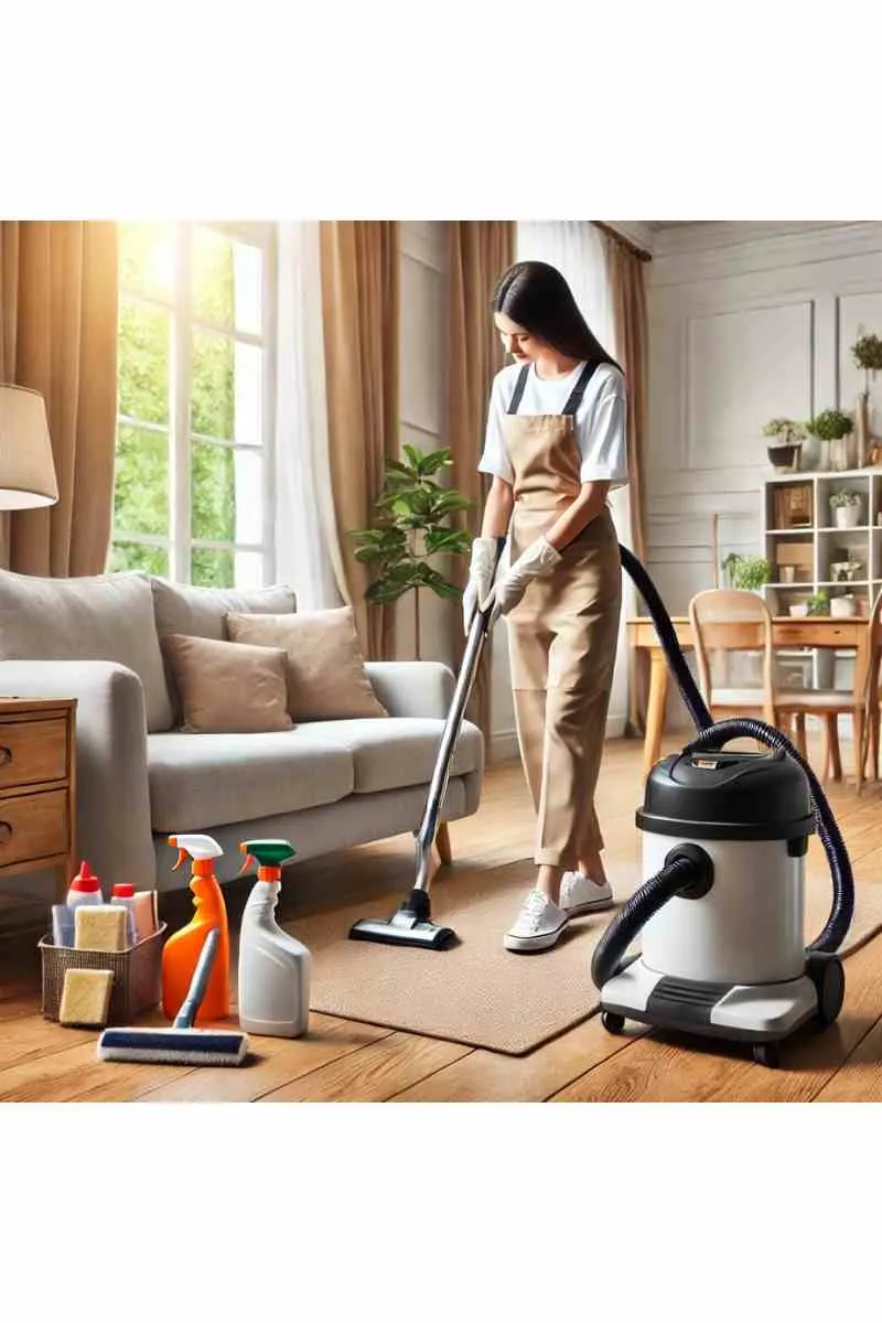 A professional cleaner in uniform tidying up a cozy living room with a vacuum cleaner and cleaning supplies, showcasing reliable house cleaning services