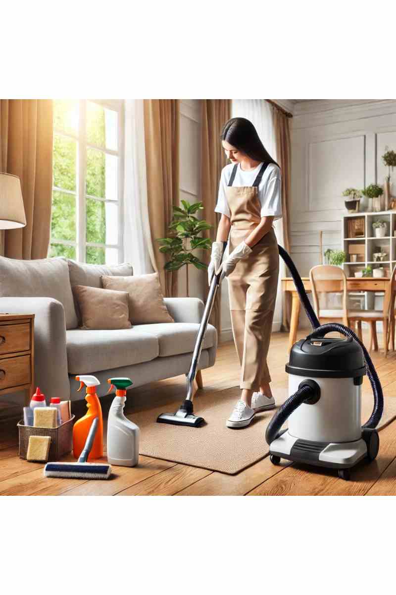 A professional cleaner in uniform tidying up a cozy living room with a vacuum cleaner and cleaning supplies, showcasing reliable house cleaning services
