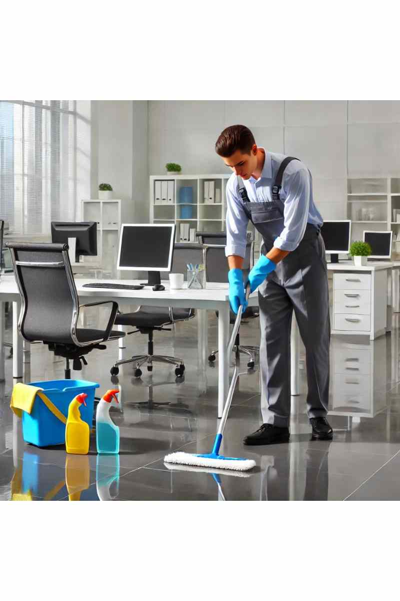 A professional janitor in uniform cleaning a corporate office space with clean desks, chairs, and a polished floor, showcasing professional janitorial services