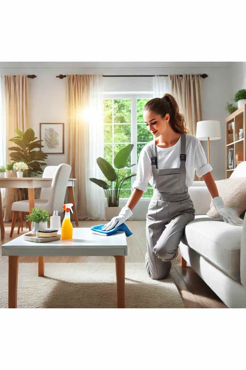 A professional cleaner in uniform tidying up a bright living room with a clean sofa, polished coffee table, and natural light streaming through large windows, showcasing reliable cleaning house services