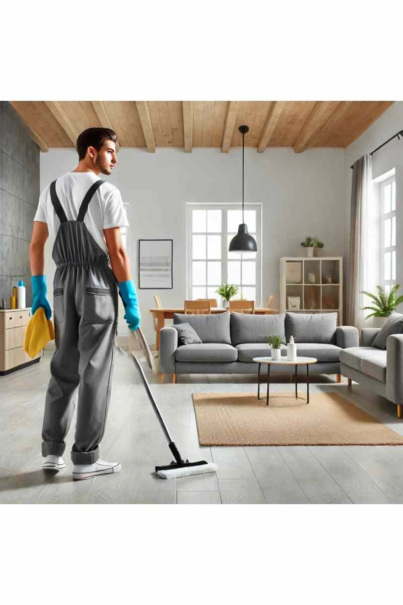 A professional cleaner in uniform cleaning an empty apartment living room with spotless floors and large windows, showcasing professional move-out apartment cleaning services