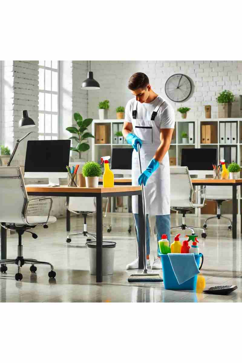 A professional cleaner in uniform cleaning a bright and modern office space with desks, chairs, and cleaning supplies, showcasing Clean & Company services.