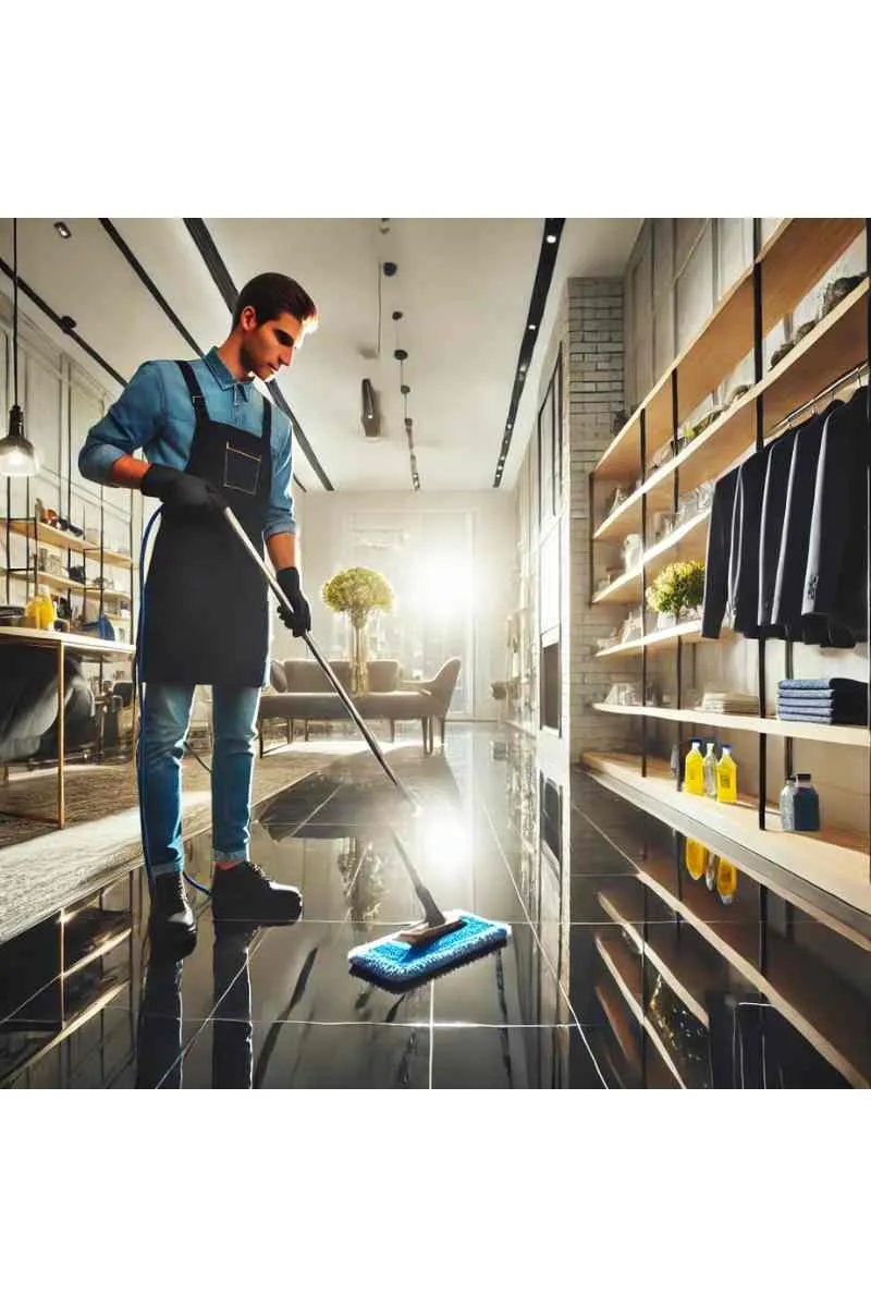 A professional cleaner in uniform cleaning a modern boutique store with polished floors and neatly arranged shelves, highlighting professional cleaning services in Chicago, IL.