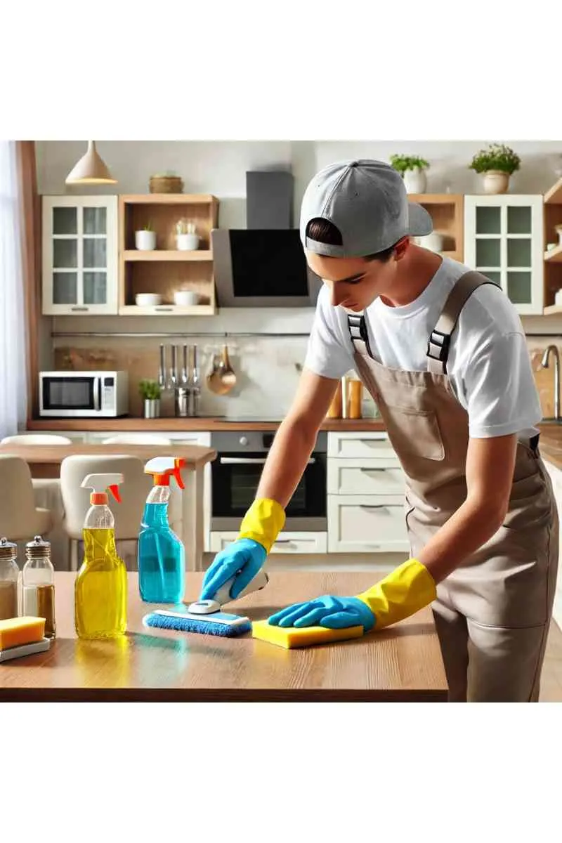 A professional house cleaner in uniform thoroughly cleaning a bright kitchen with spotless countertops, shiny appliances, and neatly arranged cleaning supplies, showcasing professional and customized house cleaning services.