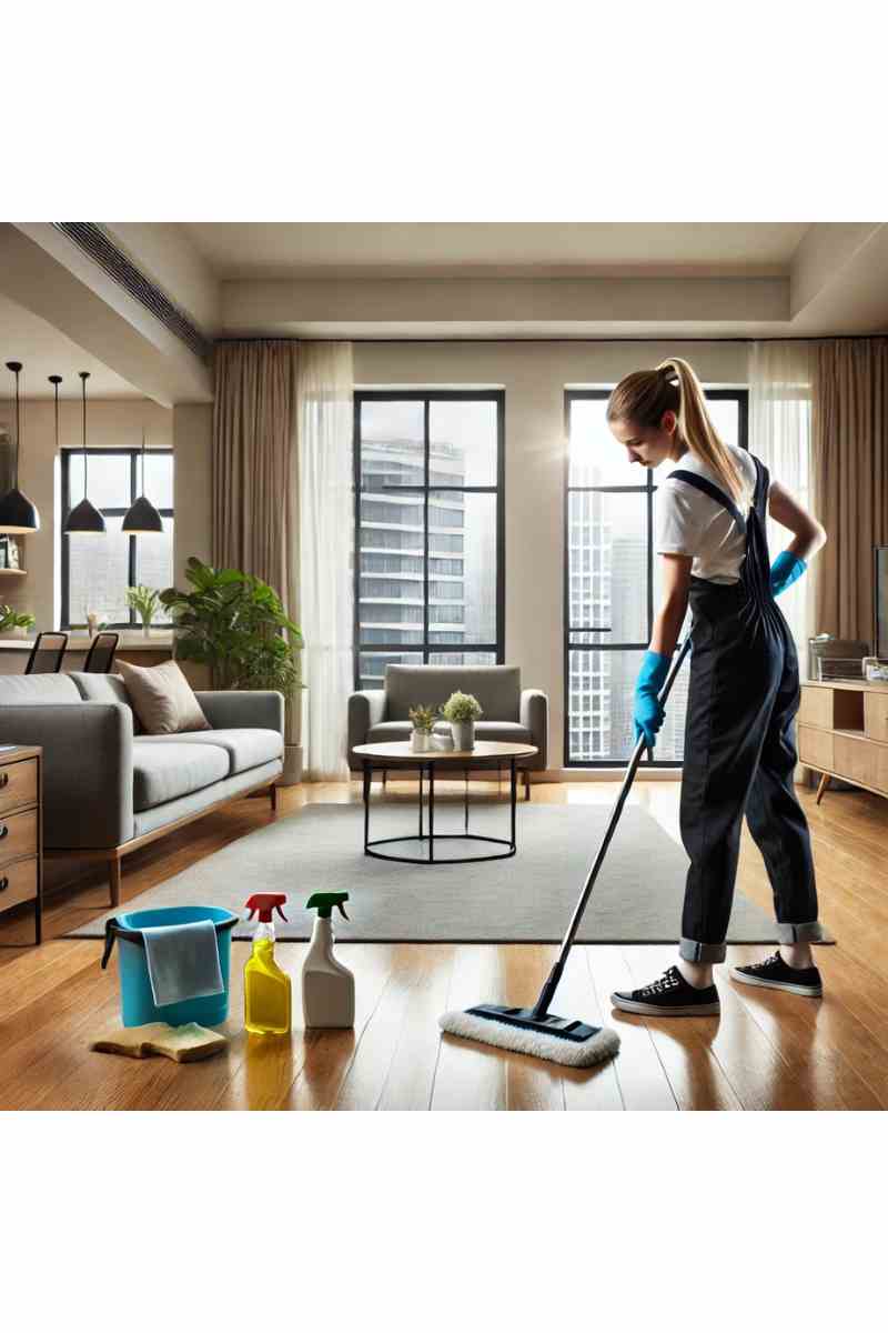 A professional cleaner in uniform thoroughly cleaning an empty apartment living room with polished hardwood floors, large windows, and neatly arranged cleaning supplies, showcasing move-out apartment cleaning services