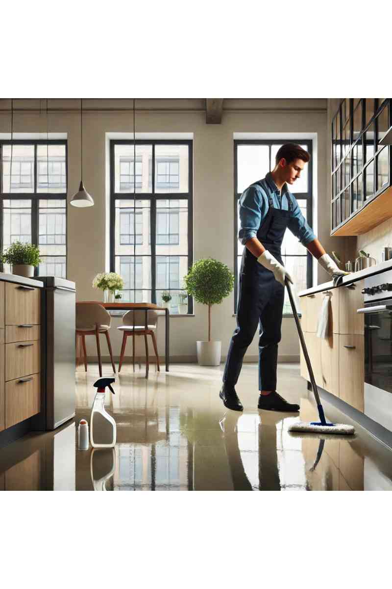 A professional cleaner in uniform cleaning an empty apartment kitchen, focusing on countertops and appliances, with polished floors and natural light from large windows, showcasing moving out cleaning services