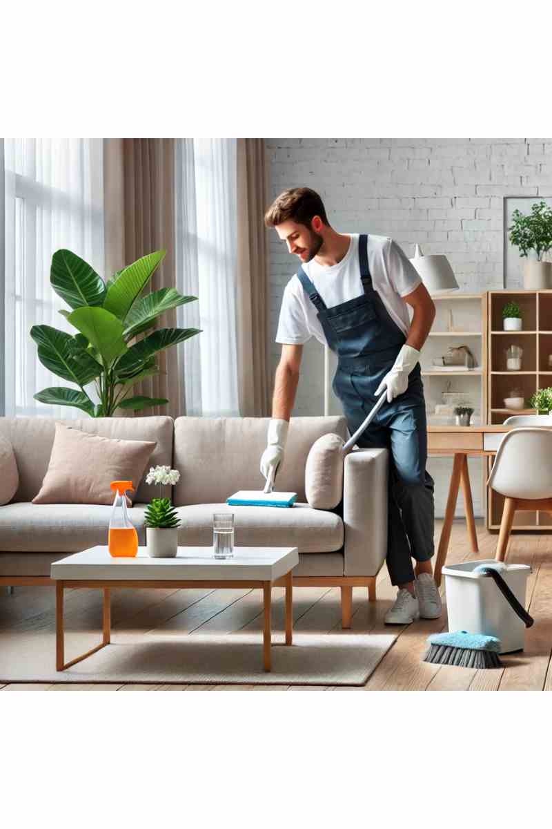 A professional cleaner in uniform tidying up a modern living room with a clean sofa, coffee table, and large windows, showcasing professional at-home cleaning services