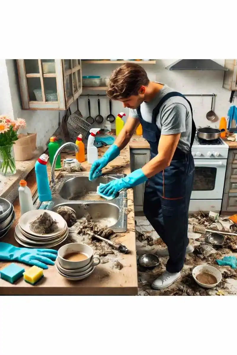 A professional cleaner in uniform deep cleaning a cluttered kitchen with grease-stained countertops and cleaning supplies, showcasing the transformation of a very dirty house through professional cleaning services