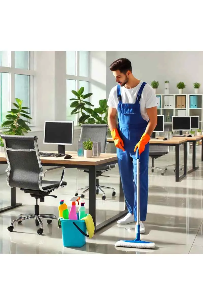 A professional cleaner in uniform using eco-friendly cleaning supplies to clean a bright office space with neatly arranged desks and chairs, showcasing reliable and customizable cleaning services