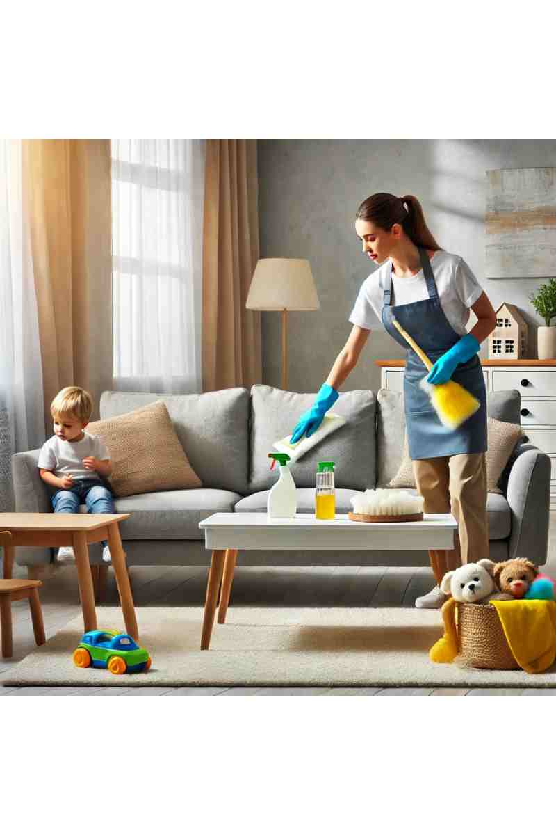 A professional cleaner in uniform tidying up a cozy family living room with a clean sofa, coffee table, and neatly arranged toys, showcasing professional and family-friendly home cleaning services
