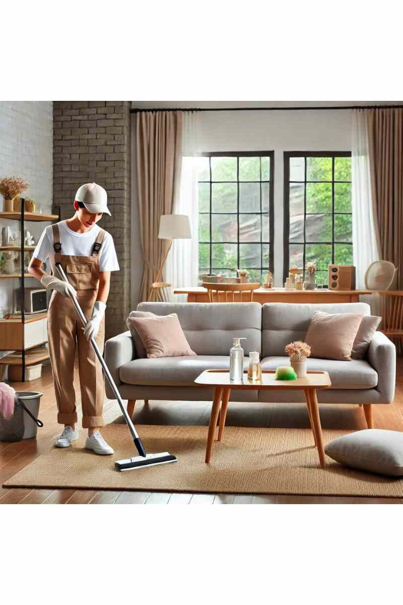 A professional cleaner in uniform tidying up a cozy living room with a clean sofa, coffee table, and neatly arranged decor, highlighting professional local house cleaning services