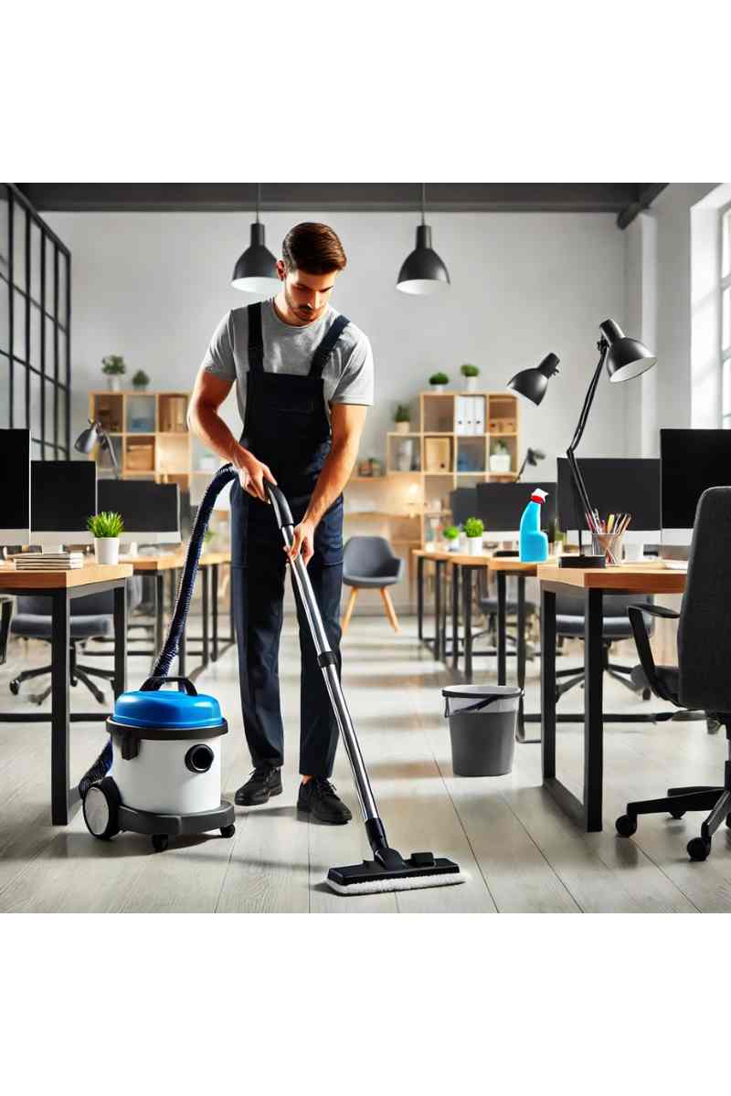A professional cleaner in uniform vacuuming the floor in a modern, well-lit office space with desks, chairs, and neatly arranged cleaning supplies, emphasizing reliable cleaning services for homes and businesses