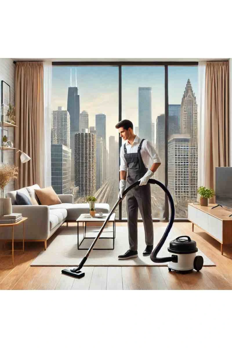 A professional cleaner in uniform cleaning a modern Chicago apartment with a view of the city skyline through large windows, emphasizing reliable cleaning services in Chicago