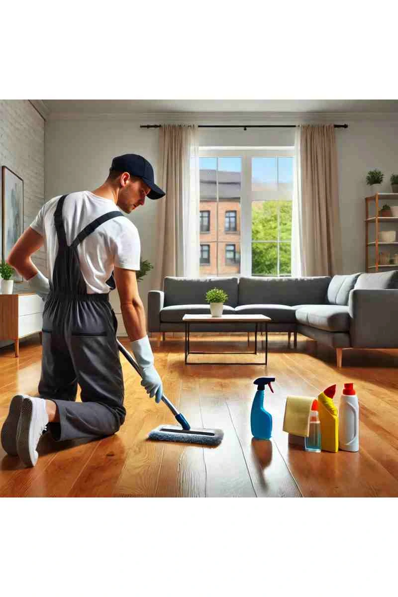 A professional cleaner in uniform cleaning an empty apartment living room with polished hardwood floors, natural light from a window, and neatly arranged cleaning supplies, showcasing professional move cleaning services