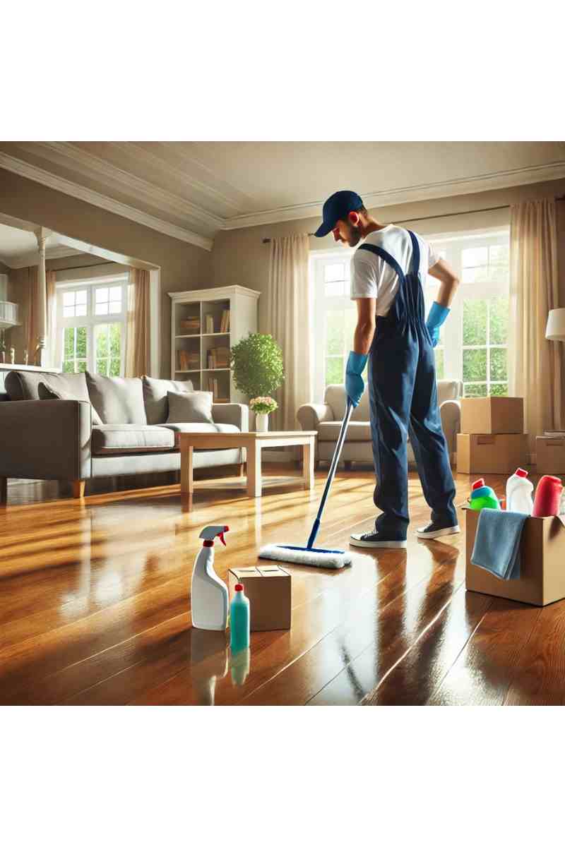 A professional cleaner in uniform thoroughly cleaning an empty living room with polished hardwood floors, natural light from large windows, and neatly arranged cleaning supplies, highlighting moving clean services for move-ins and move-outs
