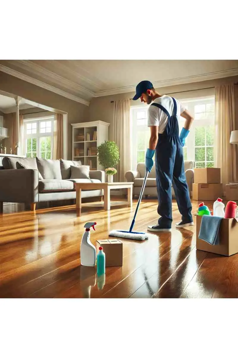 A professional cleaner in uniform thoroughly cleaning an empty living room with polished hardwood floors, natural light from large windows, and neatly arranged cleaning supplies, highlighting moving clean services for move-ins and move-outs