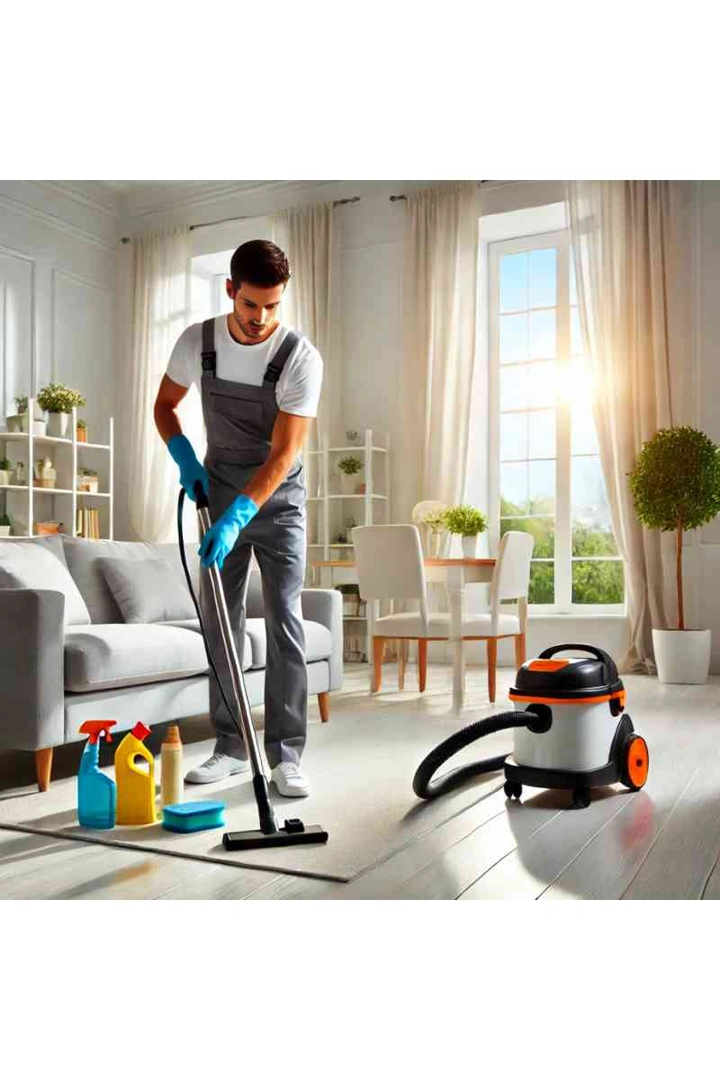 A professional cleaner in uniform using a vacuum cleaner in a bright living room with a clean sofa, polished hardwood floors, and natural light streaming through large windows, showcasing house cleaners service